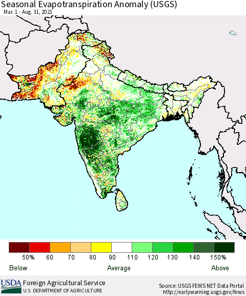 Southern Asia Seasonal Actual Evapotranspiration Anomaly (USGS) Thematic Map For 5/1/2021 - 8/31/2021