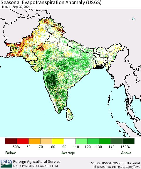Southern Asia Seasonal Actual Evapotranspiration Anomaly (USGS) Thematic Map For 5/1/2021 - 9/30/2021