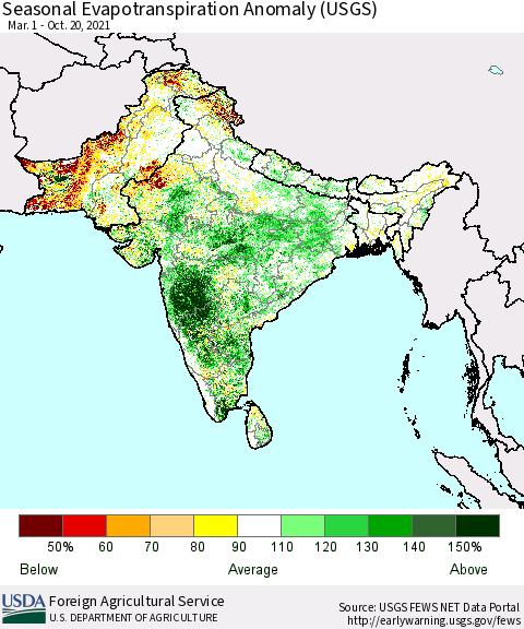 Southern Asia Seasonal Actual Evapotranspiration Anomaly (USGS) Thematic Map For 5/1/2021 - 10/20/2021