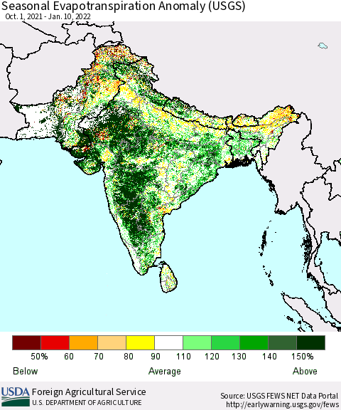 Southern Asia Seasonal Evapotranspiration Anomaly (USGS) Thematic Map For 10/1/2021 - 1/10/2022