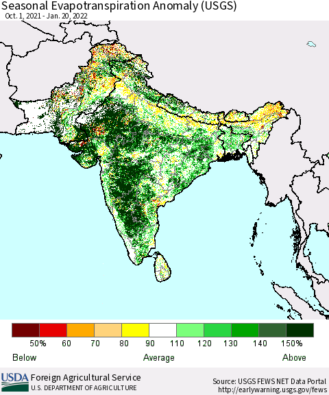 Southern Asia Seasonal Actual Evapotranspiration Anomaly (USGS) Thematic Map For 10/1/2021 - 1/20/2022