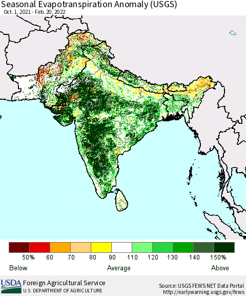 Southern Asia Seasonal Actual Evapotranspiration Anomaly (USGS) Thematic Map For 10/1/2021 - 2/20/2022
