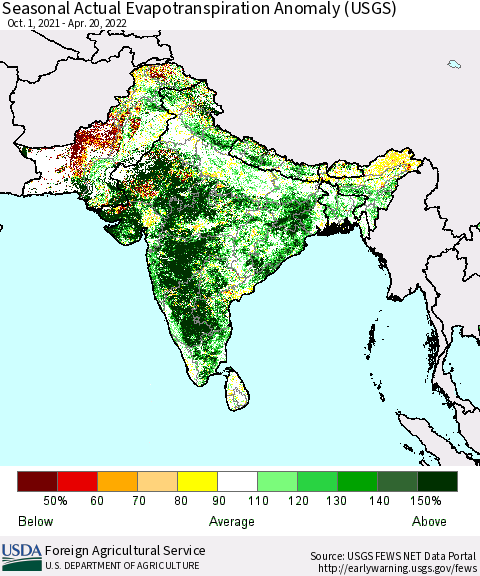 Southern Asia Seasonal Actual Evapotranspiration Anomaly (USGS) Thematic Map For 10/1/2021 - 4/20/2022
