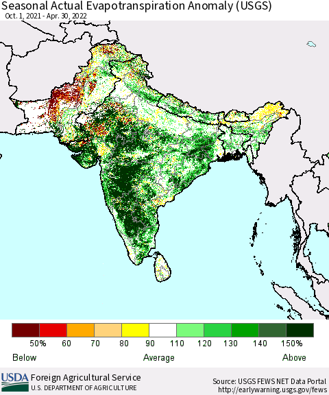 Southern Asia Seasonal Actual Evapotranspiration Anomaly (USGS) Thematic Map For 10/1/2021 - 4/30/2022