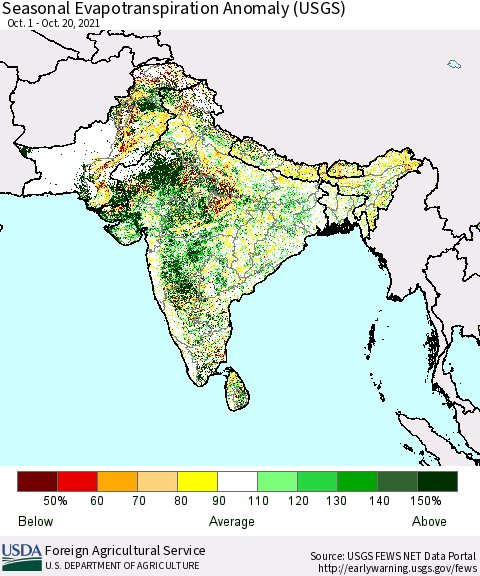 Southern Asia Seasonal Evapotranspiration Anomaly (USGS) Thematic Map For 10/1/2021 - 10/20/2021