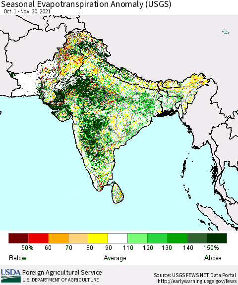 Southern Asia Seasonal Evapotranspiration Anomaly (USGS) Thematic Map For 10/1/2021 - 11/30/2021