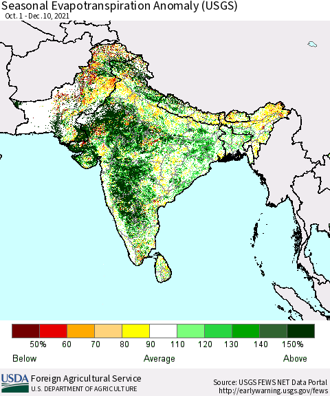 Southern Asia Seasonal Actual Evapotranspiration Anomaly (USGS) Thematic Map For 10/1/2021 - 12/10/2021