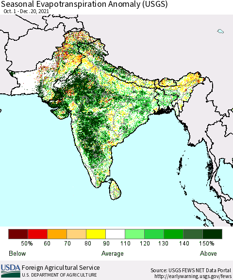 Southern Asia Seasonal Actual Evapotranspiration Anomaly (USGS) Thematic Map For 10/1/2021 - 12/20/2021
