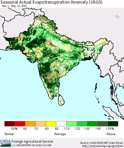 Southern Asia Seasonal Actual Evapotranspiration Anomaly (USGS) Thematic Map For 5/1/2022 - 5/31/2022