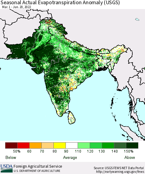 Southern Asia Seasonal Actual Evapotranspiration Anomaly (USGS) Thematic Map For 5/1/2022 - 6/20/2022