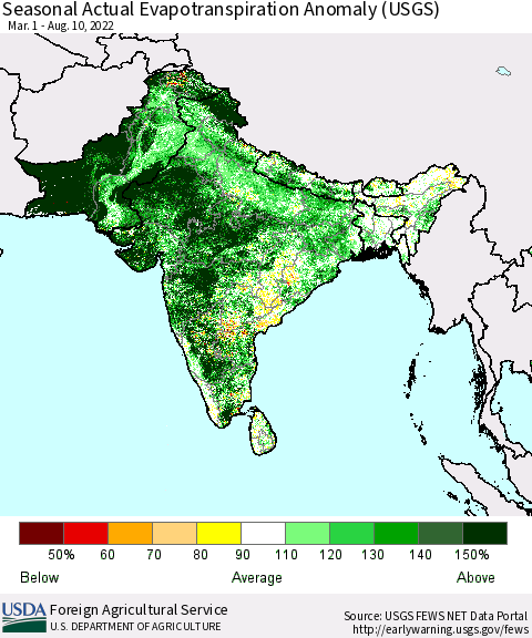 Southern Asia Seasonal Actual Evapotranspiration Anomaly (USGS) Thematic Map For 5/1/2022 - 8/10/2022