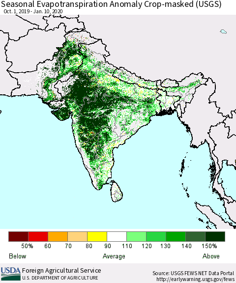 Southern Asia Seasonal Evapotranspiration Anomaly Crop-masked (USGS) Thematic Map For 10/1/2019 - 1/10/2020