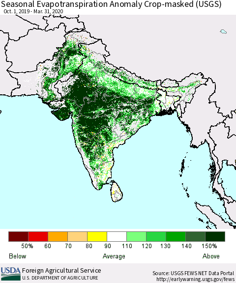 Southern Asia Seasonal Actual Evapotranspiration Anomaly over Croplands (USGS) Thematic Map For 10/1/2019 - 3/31/2020