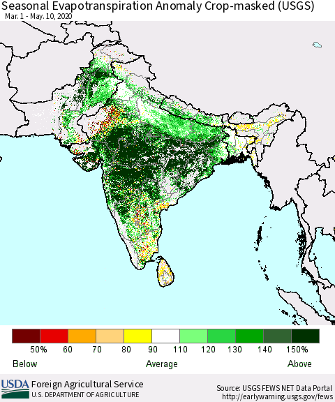 Southern Asia Seasonal Actual Evapotranspiration Anomaly over Croplands (USGS) Thematic Map For 5/1/2020 - 5/10/2020