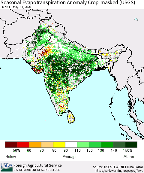 Southern Asia Seasonal Actual Evapotranspiration Anomaly over Croplands (USGS) Thematic Map For 5/1/2020 - 5/31/2020