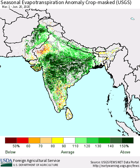 Southern Asia Seasonal Actual Evapotranspiration Anomaly over Croplands (USGS) Thematic Map For 5/1/2020 - 6/20/2020