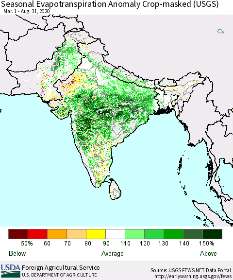 Southern Asia Seasonal Actual Evapotranspiration Anomaly over Croplands (USGS) Thematic Map For 5/1/2020 - 8/31/2020