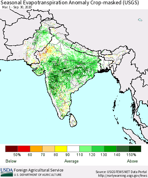 Southern Asia Seasonal Actual Evapotranspiration Anomaly over Croplands (USGS) Thematic Map For 5/1/2020 - 9/30/2020