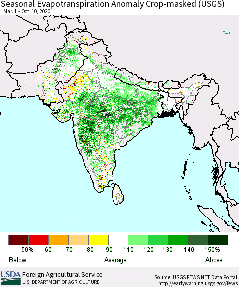 Southern Asia Seasonal Actual Evapotranspiration Anomaly over Croplands (USGS) Thematic Map For 5/1/2020 - 10/10/2020