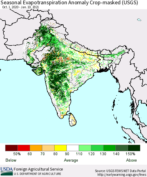 Southern Asia Seasonal Evapotranspiration Anomaly Crop-masked (USGS) Thematic Map For 10/1/2020 - 1/10/2021