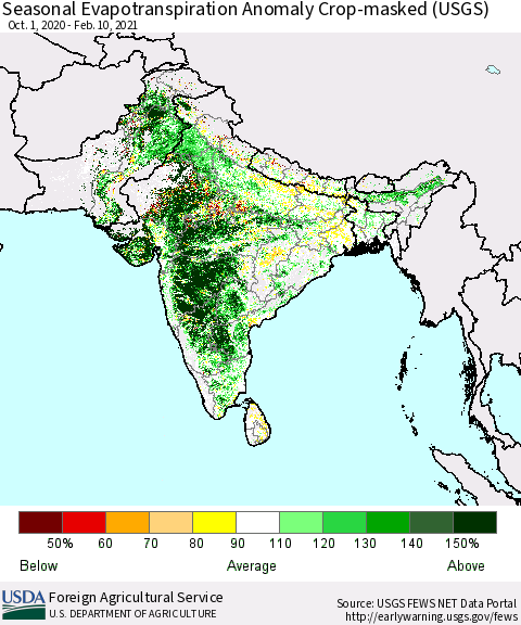Southern Asia Seasonal Evapotranspiration Anomaly Crop-masked (USGS) Thematic Map For 10/1/2020 - 2/10/2021