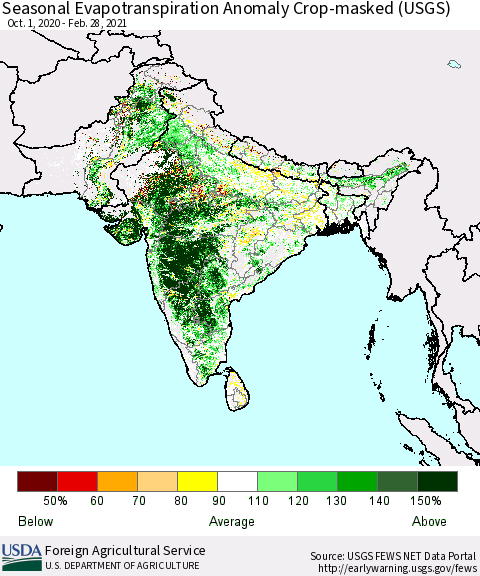 Southern Asia Seasonal Actual Evapotranspiration Anomaly over Croplands (USGS) Thematic Map For 10/1/2020 - 2/28/2021