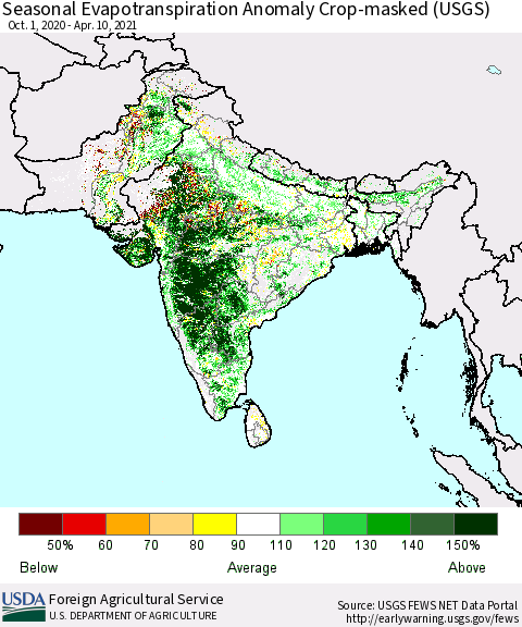 Southern Asia Seasonal Actual Evapotranspiration Anomaly over Croplands (USGS) Thematic Map For 10/1/2020 - 4/10/2021