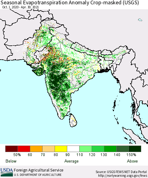 Southern Asia Seasonal Evapotranspiration Anomaly Crop-masked (USGS) Thematic Map For 10/1/2020 - 4/30/2021