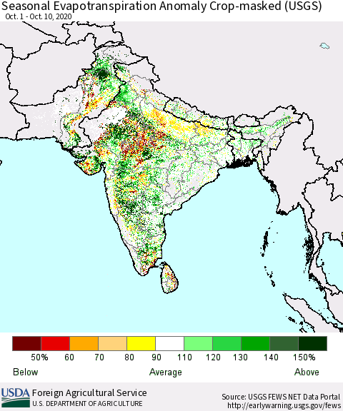 Southern Asia Seasonal Actual Evapotranspiration Anomaly over Croplands (USGS) Thematic Map For 10/1/2020 - 10/10/2020