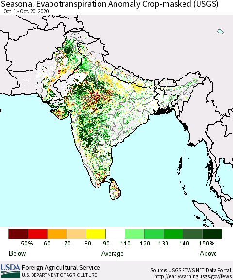 Southern Asia Seasonal Actual Evapotranspiration Anomaly over Croplands (USGS) Thematic Map For 10/1/2020 - 10/20/2020