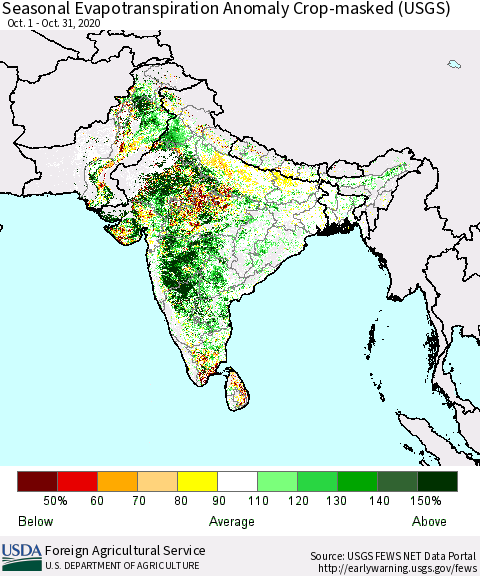 Southern Asia Seasonal Evapotranspiration Anomaly Crop-masked (USGS) Thematic Map For 10/1/2020 - 10/31/2020