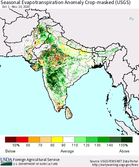 Southern Asia Seasonal Evapotranspiration Anomaly Crop-masked (USGS) Thematic Map For 10/1/2020 - 11/10/2020