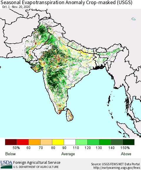 Southern Asia Seasonal Evapotranspiration Anomaly Crop-masked (USGS) Thematic Map For 10/1/2020 - 11/20/2020