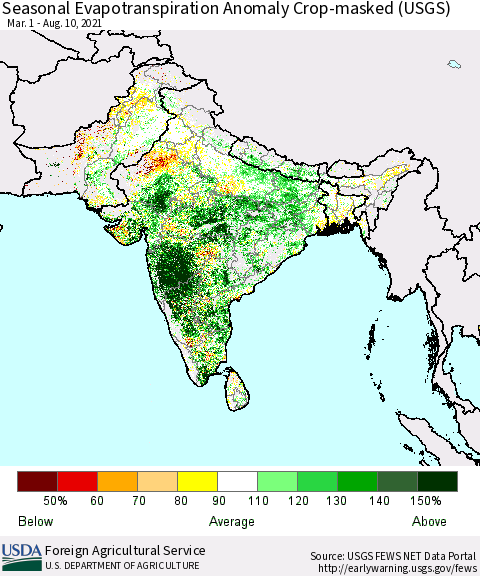 Southern Asia Seasonal Actual Evapotranspiration Anomaly over Croplands (USGS) Thematic Map For 5/1/2021 - 8/10/2021