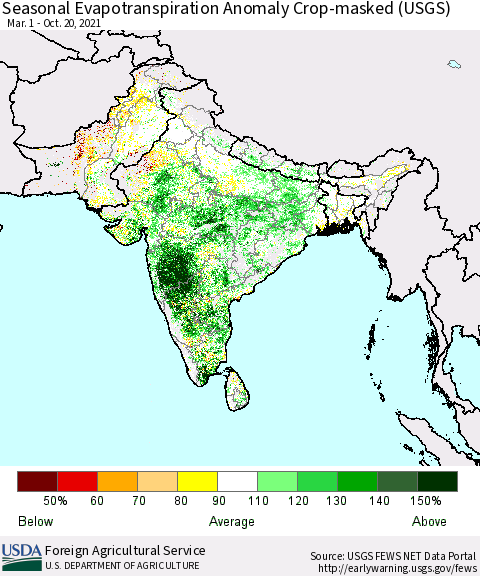 Southern Asia Seasonal Actual Evapotranspiration Anomaly over Croplands (USGS) Thematic Map For 5/1/2021 - 10/20/2021