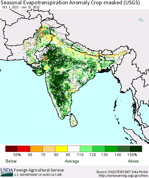 Southern Asia Seasonal Actual Evapotranspiration Anomaly over Croplands (USGS) Thematic Map For 10/1/2021 - 1/31/2022