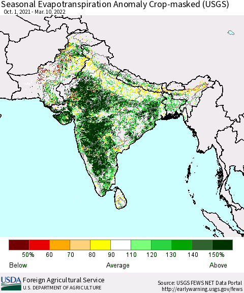 Southern Asia Seasonal Actual Evapotranspiration Anomaly over Croplands (USGS) Thematic Map For 10/1/2021 - 3/10/2022