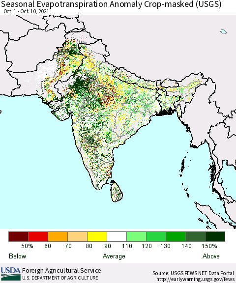 Southern Asia Seasonal Actual Evapotranspiration Anomaly over Croplands (USGS) Thematic Map For 10/1/2021 - 10/10/2021