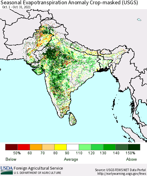 Southern Asia Seasonal Actual Evapotranspiration Anomaly over Croplands (USGS) Thematic Map For 10/1/2021 - 10/31/2021
