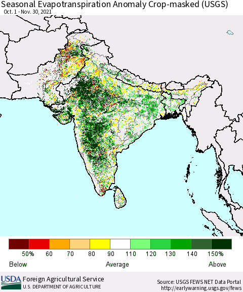 Southern Asia Seasonal Actual Evapotranspiration Anomaly over Croplands (USGS) Thematic Map For 10/1/2021 - 11/30/2021