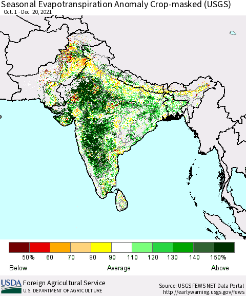 Southern Asia Seasonal Actual Evapotranspiration Anomaly over Croplands (USGS) Thematic Map For 10/1/2021 - 12/20/2021