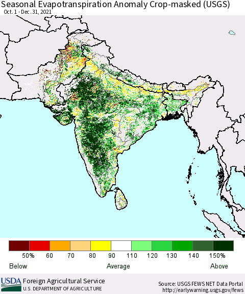 Southern Asia Seasonal Actual Evapotranspiration Anomaly over Croplands (USGS) Thematic Map For 10/1/2021 - 12/31/2021