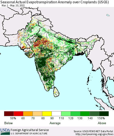 Southern Asia Seasonal Actual Evapotranspiration Anomaly over Croplands (USGS) Thematic Map For 5/1/2022 - 5/10/2022
