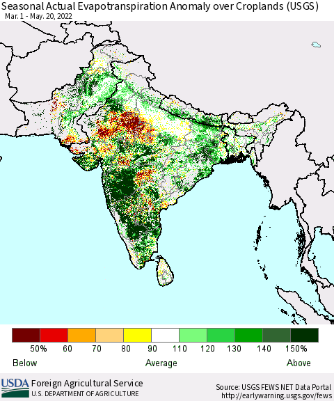 Southern Asia Seasonal Actual Evapotranspiration Anomaly over Croplands (USGS) Thematic Map For 5/1/2022 - 5/20/2022