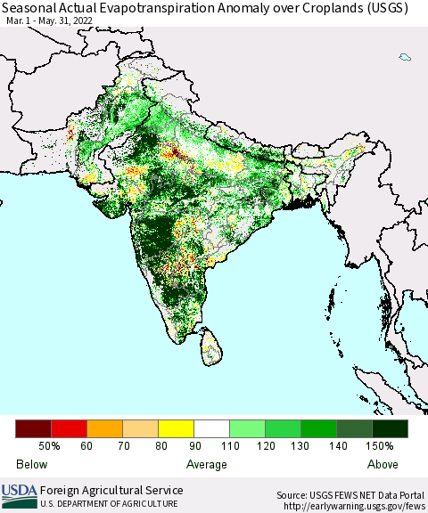 Southern Asia Seasonal Actual Evapotranspiration Anomaly over Croplands (USGS) Thematic Map For 5/1/2022 - 5/31/2022