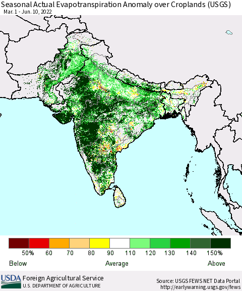 Southern Asia Seasonal Actual Evapotranspiration Anomaly over Croplands (USGS) Thematic Map For 5/1/2022 - 6/10/2022