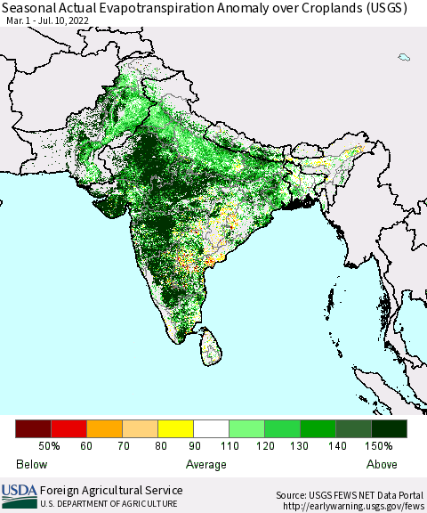Southern Asia Seasonal Actual Evapotranspiration Anomaly over Croplands (USGS) Thematic Map For 5/1/2022 - 7/10/2022