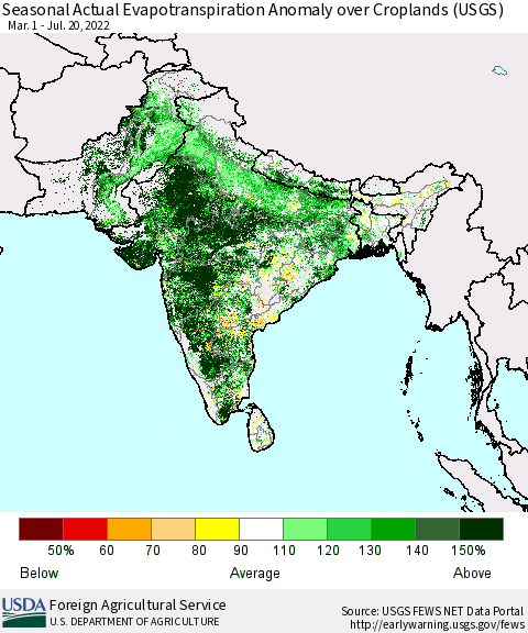 Southern Asia Seasonal Actual Evapotranspiration Anomaly over Croplands (USGS) Thematic Map For 5/1/2022 - 7/20/2022