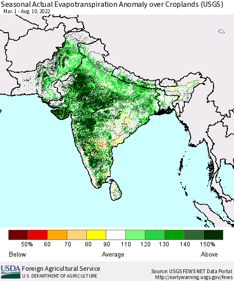 Southern Asia Seasonal Actual Evapotranspiration Anomaly over Croplands (USGS) Thematic Map For 5/1/2022 - 8/10/2022