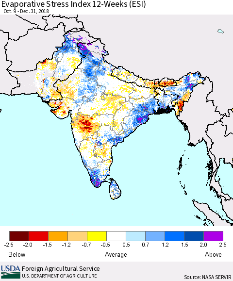 Southern Asia Evaporative Stress Index (ESI), 12-Weeks Thematic Map For 12/31/2018 - 1/6/2019